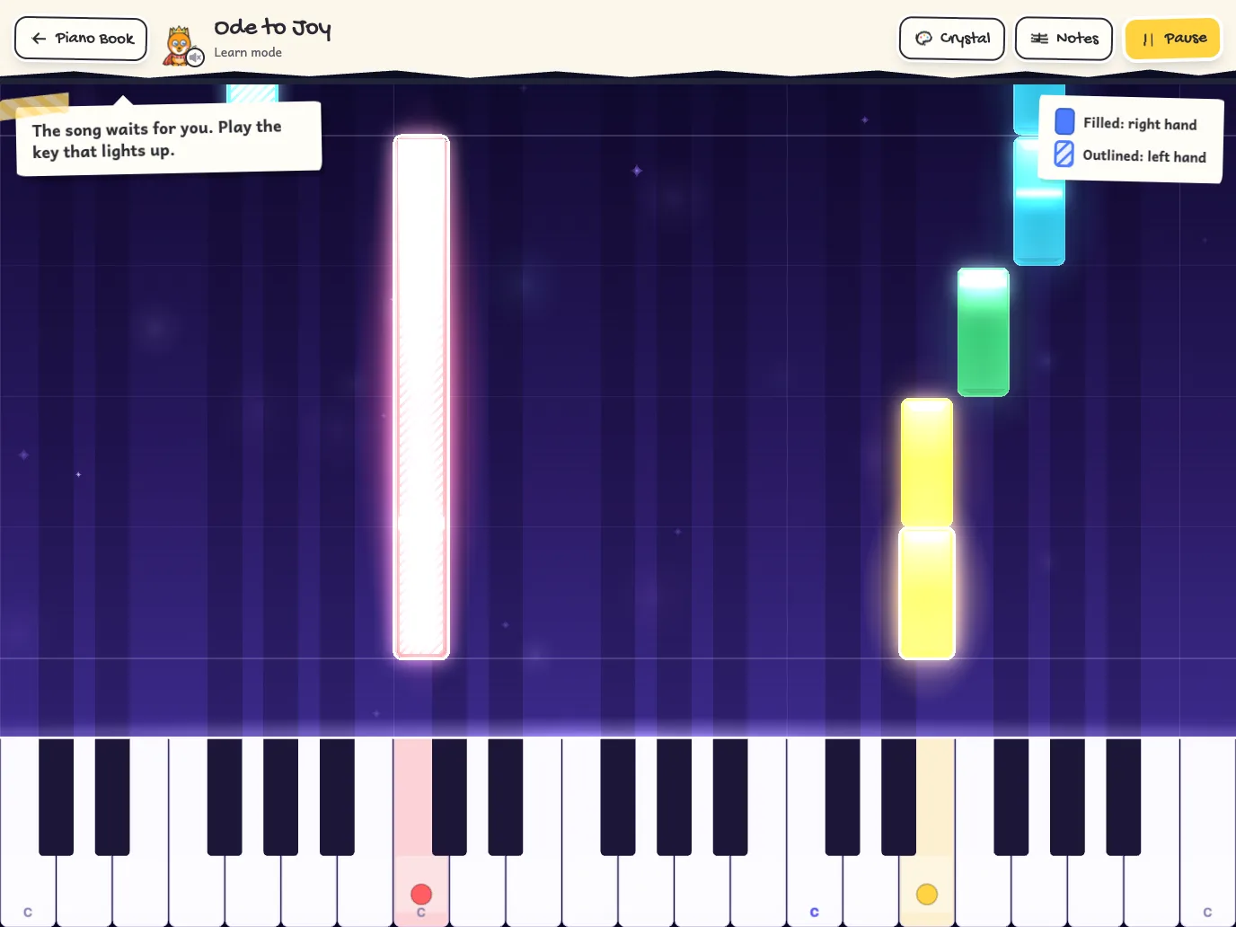 Ode to Joy for both hands as falling bars in the note colours.