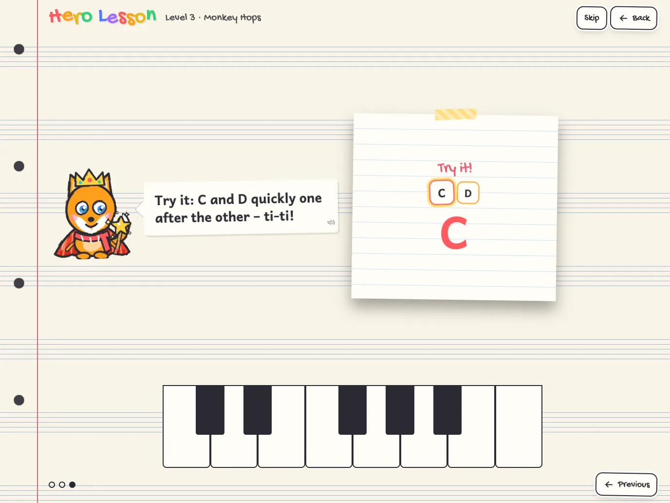 A hero lesson: the hero explains something new, with keys below to try it out.
