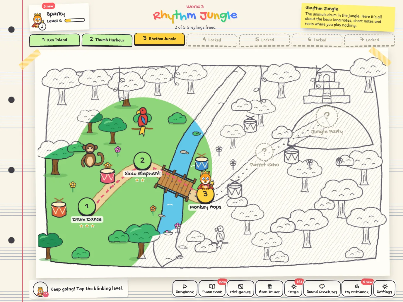 The world map in the game: the Rhythm Jungle with its levels and the hero.