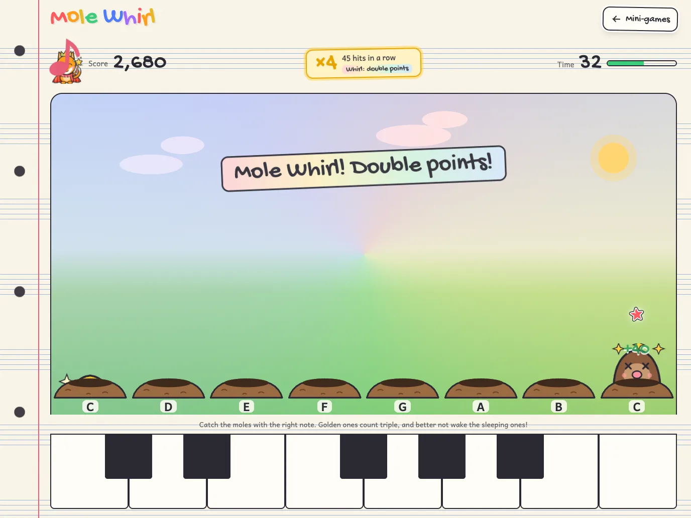 Mole Whirl in the arcade: moles pop up above the keys.
