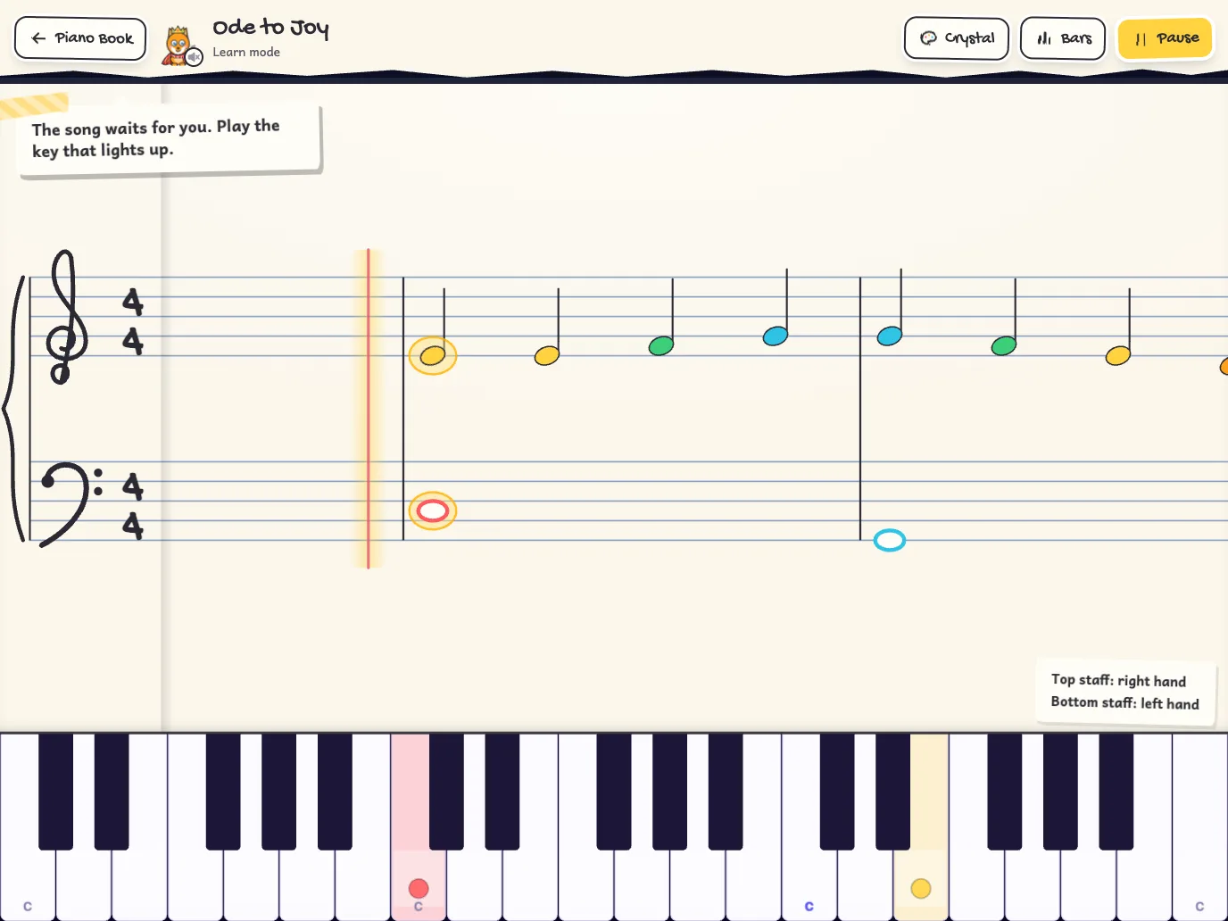 The same passage as sheet music: treble and bass clef, the notes in the same colours.